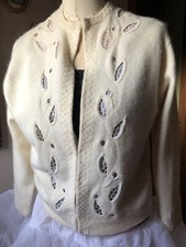 Vintage ELEGANT RARE Angora Lambswool UNWORN beaded cardigan sweater CUTWORK 60s