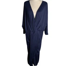Unique Vintage Retro Dolman Maxi Dress 3X Blue Elastic Waist Wrap Low V Neck
