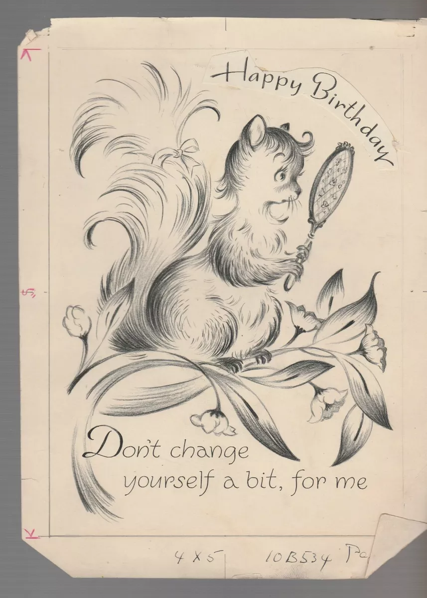 HAPPY BIRTHDAY Pencil Squirrel w/ Mirror 2pcs 6.5x9