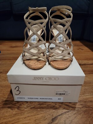 $500 Jimmy Choo Deeta Strappy Ankle Sandals Nude Suede Cork sz 40 US 9.5 NEW