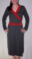 ChiaraKruza USA Maternity Wrap Dress Sz S Charcoal GRAY with RED Trim & Tie