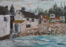 Oil painting 12"X8" mixed media original  HOUSES BY THE LAKE MODERN ART ABSTRACT