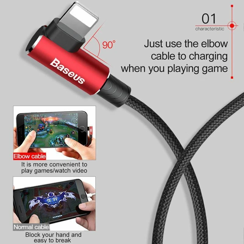 BASEUS ELBOW USB Braided Charger Data Sync Cable For iPhone 7 8 X XS 11 12 13 14 - Image 3 of 4