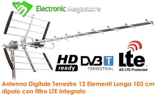 ANTENNA TV DIGITALE TERRESTRE ESTERNA 4G LTE UHF FM RADIO TV W12DBLTE - Foto 1 di 2