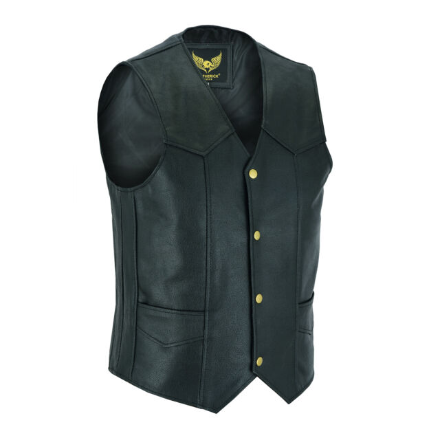 Men's Genuine Leather Classic Motorcycle Biker Black Waistcoat / MC Plain Vest