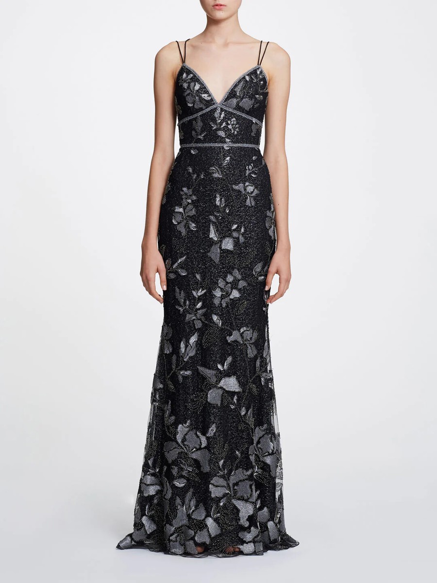 $995 NEW Marchesa Notte Embroidered Beaded Gown Dress Grey Black Crisscross 0 2 | eBay $995 NEW Marchesa Notte Embroidered Beaded Gown Dress Grey Black Crisscross 0 2 | eBay