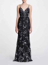 $995 New Marchesa Notte Embroidered Beaded Gown Dress Grey Black Crisscross 0 2