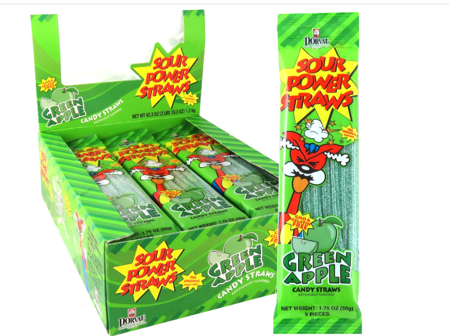 Соломинки для сладостей Sour Power, зеленое яблоко, 1,75 унции (в упаковке 24 штуки)