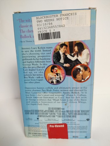 Two Weeks Notice (VHS) Sandra Bullock, Hugh Grant - Picture 2 of 3