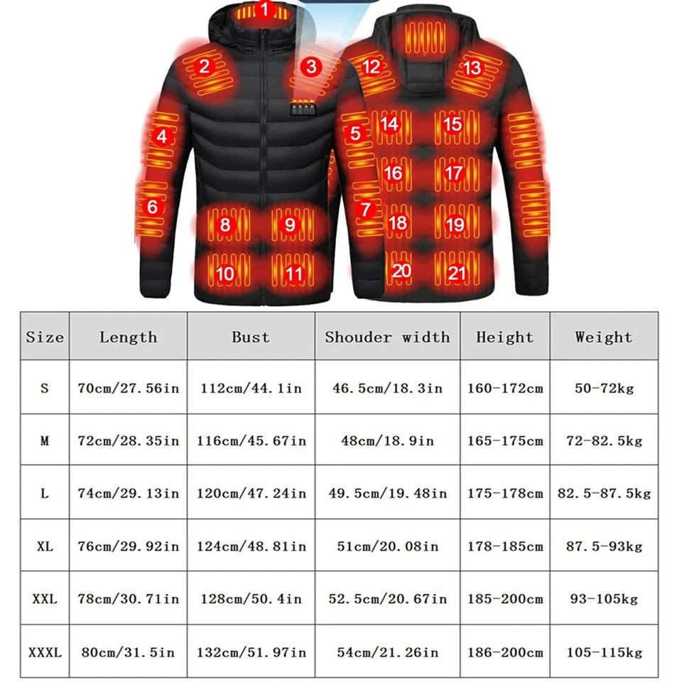Men 21 Areas Heated Jacket USB Electric Heating Vest Winter Outdoor Warm Coat - Image 3 of 4