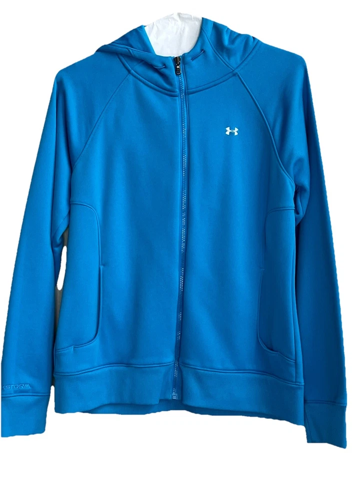 Jaqueta Under Armour feminina tamanho G grande com capuz azul tempestade zíper completo com capuz de lã - Imagem 2 de 4