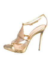 Giuseppe Zanotti Gold Leather Crystal T-Strap Sandals Size 7.5 IT 37.5 Good Cond