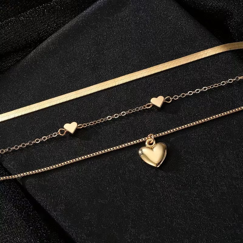 Gold Layered Heart Necklace Set Women 3 Layer Choker Chain Pendant Jewelry Gift