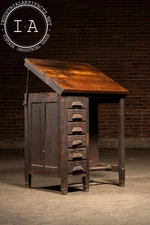 Antique Adjustable Oak Drafting Desk with Multi-Drawer Storage