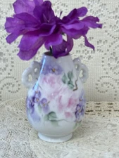 hand painted porcelain bud vase pink roses/lavender/blue flowers Signed