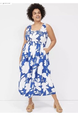Lane Bryant Sleeveless Sun Dress Blue White Floral Tropical 14/16