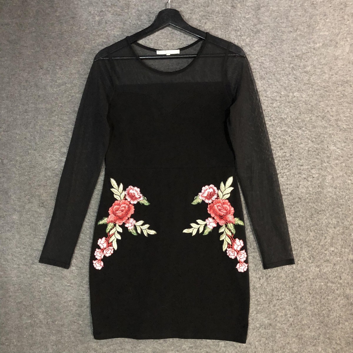 Sweet Rain Dress Womens L Black Mesh Bodycon Floral Embroidered Party Mini  Club | eBay