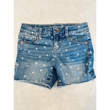 Cat  Jack Girls Heart Print Denim Shorts Blue Size M 8 Frayed Hem Stretch