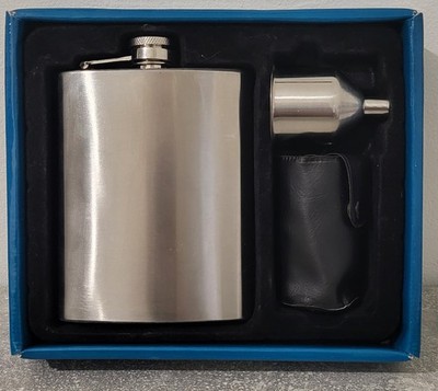 Stainless Steel Flask Set 7oz Alcohol with Funnel and 4 Glasses in Leather Case New 
