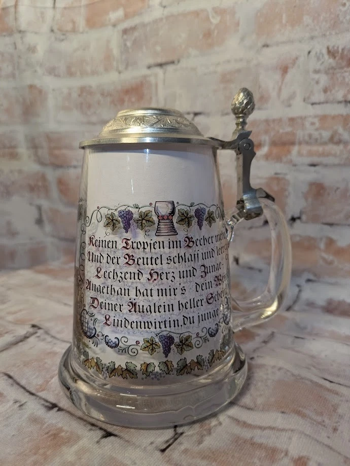 Винтажная немецкая оловянная стеклянная крышка для пива J. Gerz «Wein Trinker» для виноградника - Изображение 3 из 4