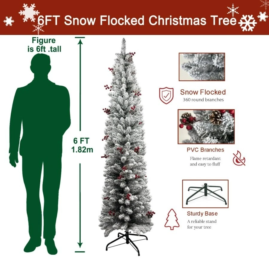 Lápiz artificial de 6 pies con copos de nieve árbol de Navidad delgado árbol de Navidad decoración Foto 2 de 4