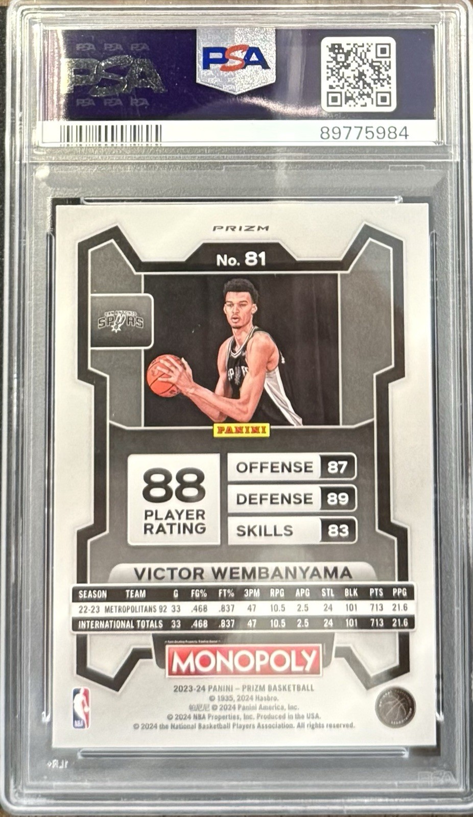 2023-24 Panini Prizm Monopoly - Victor Wembanyama #81 Purple  Prizm (RC) Psa 10 view 2