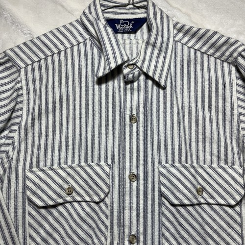 Vintage 90s Woolrich Button Up Shirt White Gray Stripe Chore Outdoor Flannel M - Picture 5 of 14