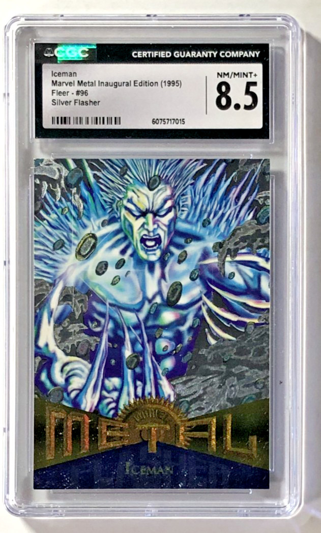 📢 1995 CGC 8.5 Fleer Marvel Metal "Iceman" #96,  Rare Silver Flasher Card ⭐️