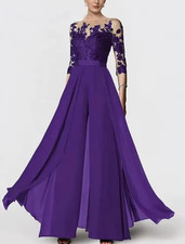 Elegant Purple Mother Of The Bride Pants Suits Chiffon Appliques Half Sleeves