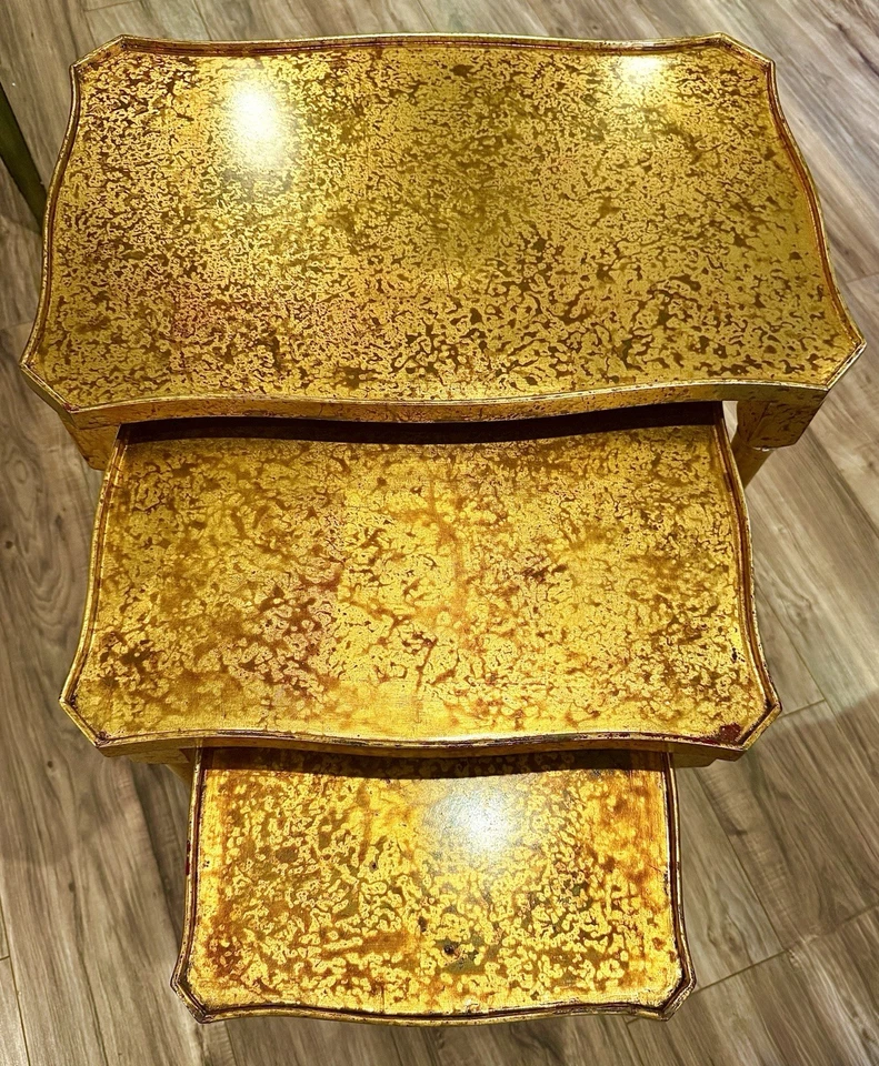 Nesting End Side Tables MCM Hollywood Regency Gilt Mottled Set of 3 Faux Bamboo - Image 3 of 4