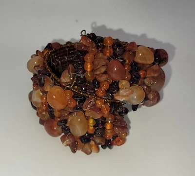 Bracelet Manchette Pierres Naturelles (Cornaline, Grenat) et Perle # K34 - Photo 1/4