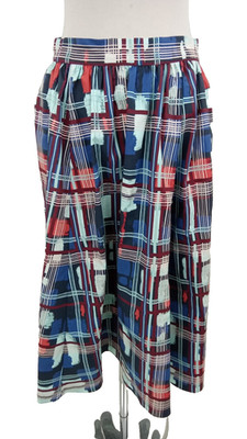 Jaeger Women's Flared Skirt Size 10 Blue Red Pocket Striped Brush Stroke Zip New