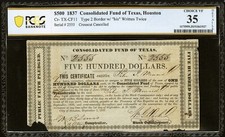 Republic of Texas 1837 Houston, $500 Consolidated Fund Government Banknote PCGS