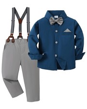 Boys Church Outfit Long Sleeve Dark Blue Grey Dress Shirt Bow Tie Suspender P...