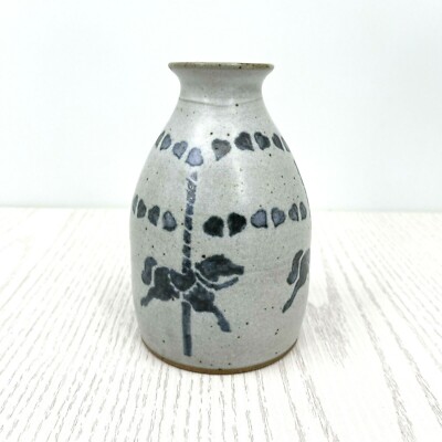 Earthbrand 1989 Stoneware Blue Carousel Horses Hearts Jar Jug Vase 6'' Studio Art