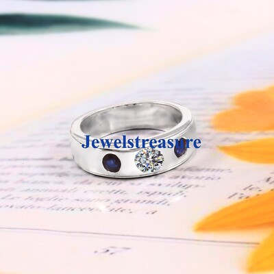 Natural Sapphire & Moissanite Gemstones with 925 Sterling Silver Band for Men #2