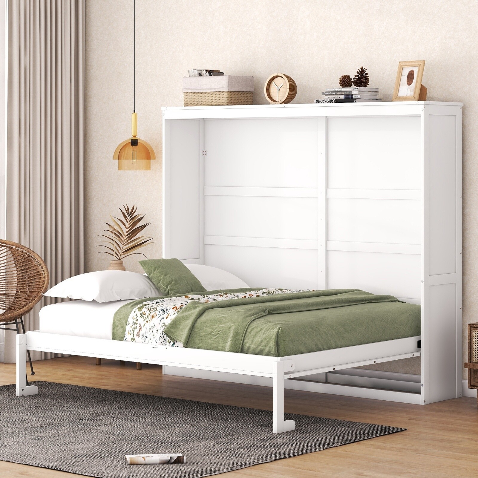 Queen Size Murphy Bed Wall Bed Wood Multi-function Bed Frame for Bedroom White
