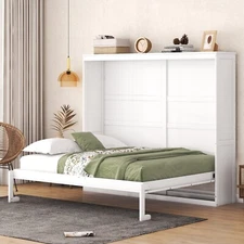 Queen Size Murphy Bed Wall Bed Wood Multi-function Bed Frame for Bedroom White
