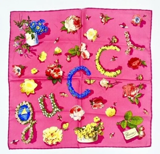 Foulard femme vintage Gucci rose papillon soie florale designer 16 pouces.