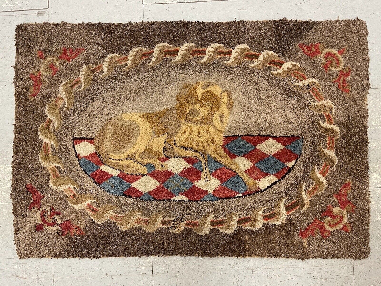 19th Century American Hand Hooked Dog Motif Folk Art Rug 