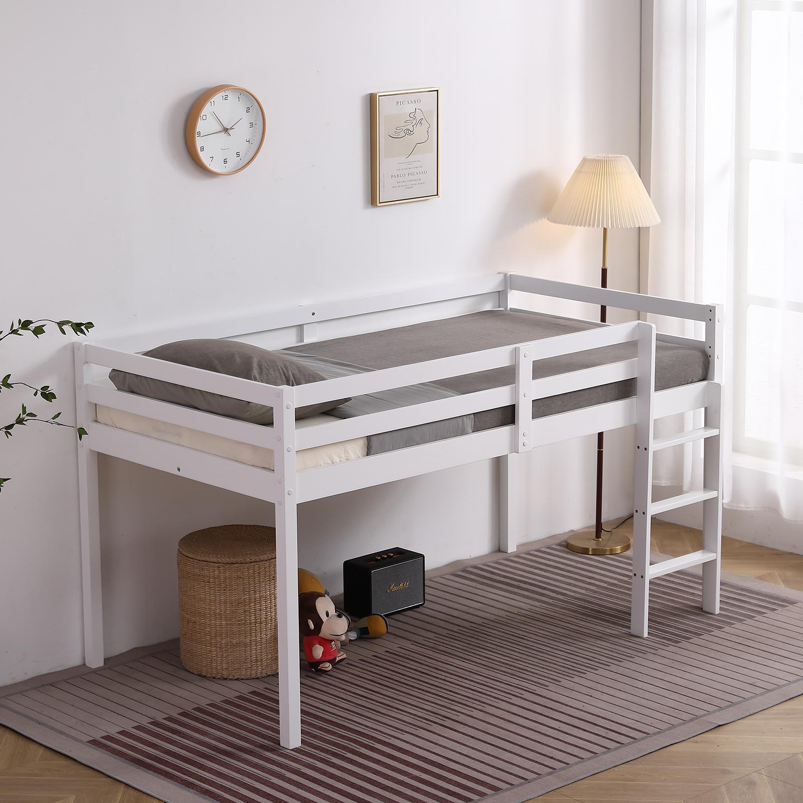 FCH Solid Wood Low Loft Bed for Kids Toddlers Junior, Twin Size Bed Frame