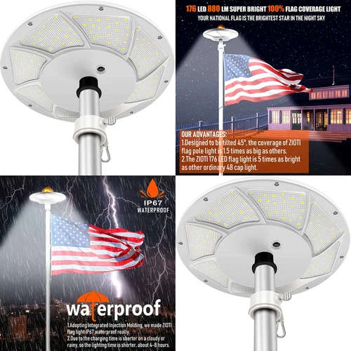 BRIGHTEST Solar Flag Pole Light 176 LED Flagpole 880 Lumens  Luz De Asta Bandera