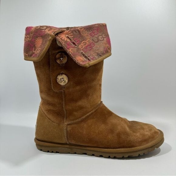 UGG Lo Pro Brown Suede Button Foldover Boots with Logo Cuff 8