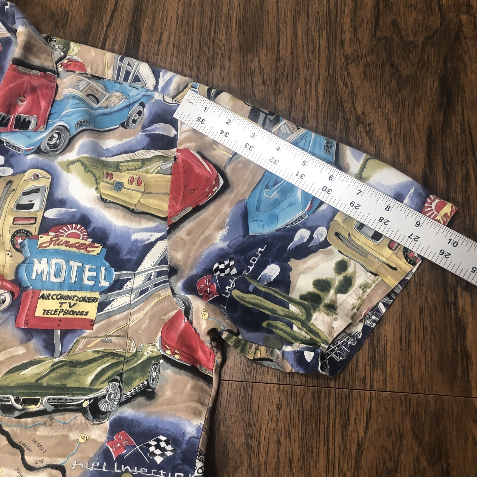 Vtg PARADISE FOUND Hawaiian Shirt Mens M Route 66 Corvette Stingray Made Hawaii