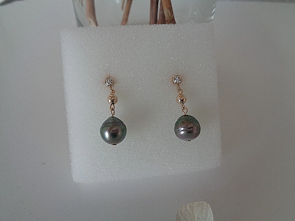 Gold Ohrringe Tahiti Perle, 14K Gold Filled, Zirkonia - Bild 2 von 3