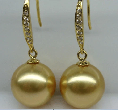 PAIR OF 11-12MM NATURAL SOUTH SEA GENUINE GOLD ROUND PEARL EARRING 3063