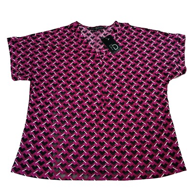 Fred David Blouse Women's M Medium Purple Black V-Neck Short Sleeve Polyester