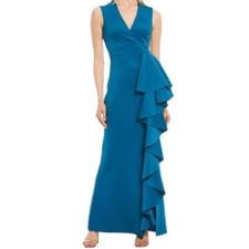 Eliza J sleeveless cascading ruffle maxi dress gown teal green blue jersey new 6