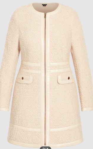 City Chic Collarless Winter Escape Beige Boucle Coat UK18 Faux Leather Trim Zip, - Picture 4 of 6