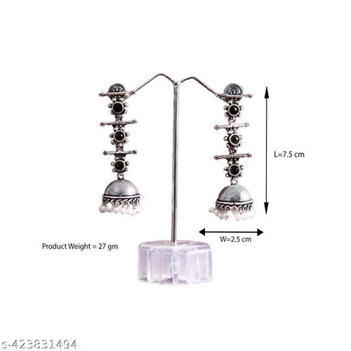 Silver Look Kundan Work Jhumka Oxidized Earrings Enameled Wedding Jewelry - Picture 3 of 3